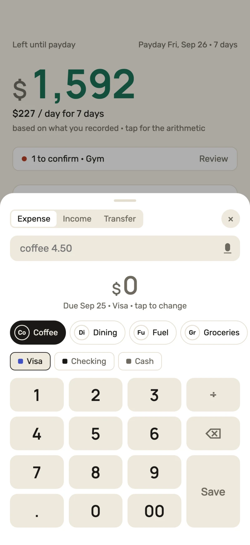 The Add sheet: a Say-it field reading "coffee 4.50", the keypad below it, category and account chips, and the settle-date line reading Due Sep 25, Visa.