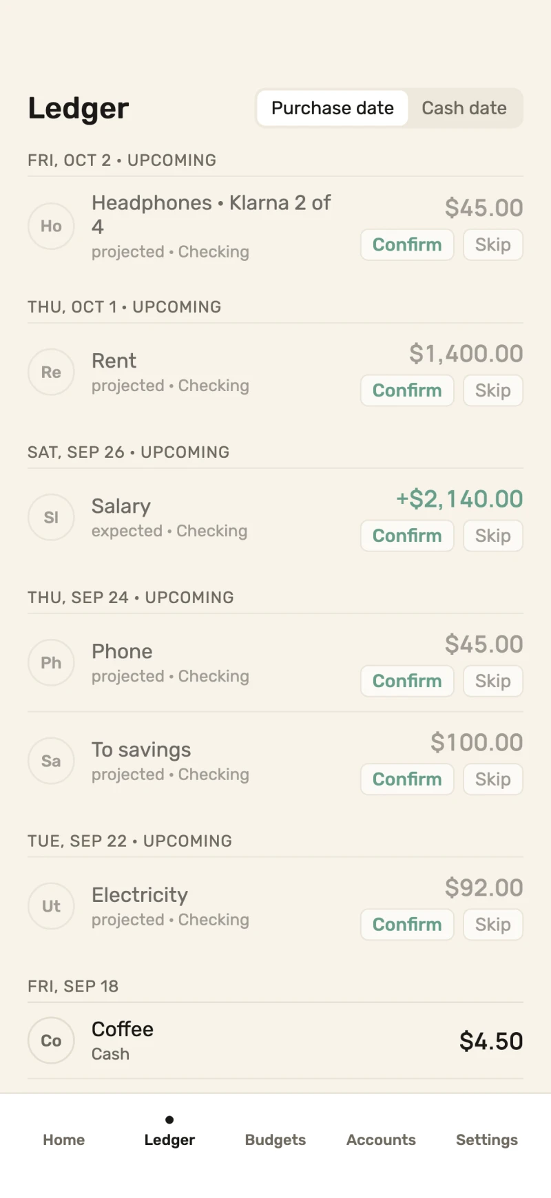 The Ledger: upcoming rows for Klarna payment 2 of 4, rent, salary and bills, each with confirm and skip, grouped by purchase date with a toggle for cash date.
